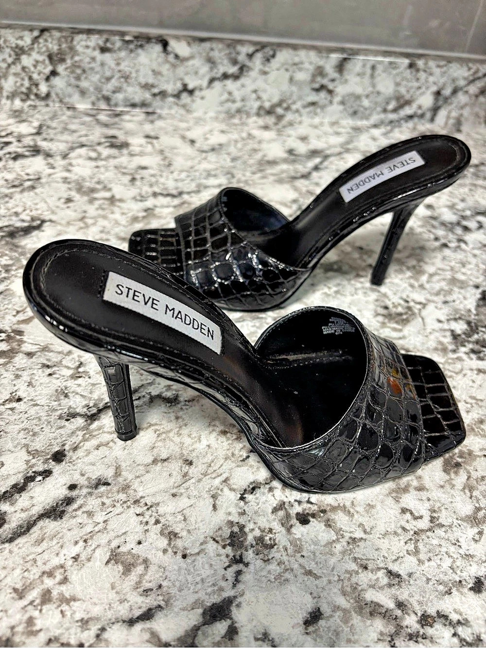 Steve Madden Signal Black Croco Heeled Mules